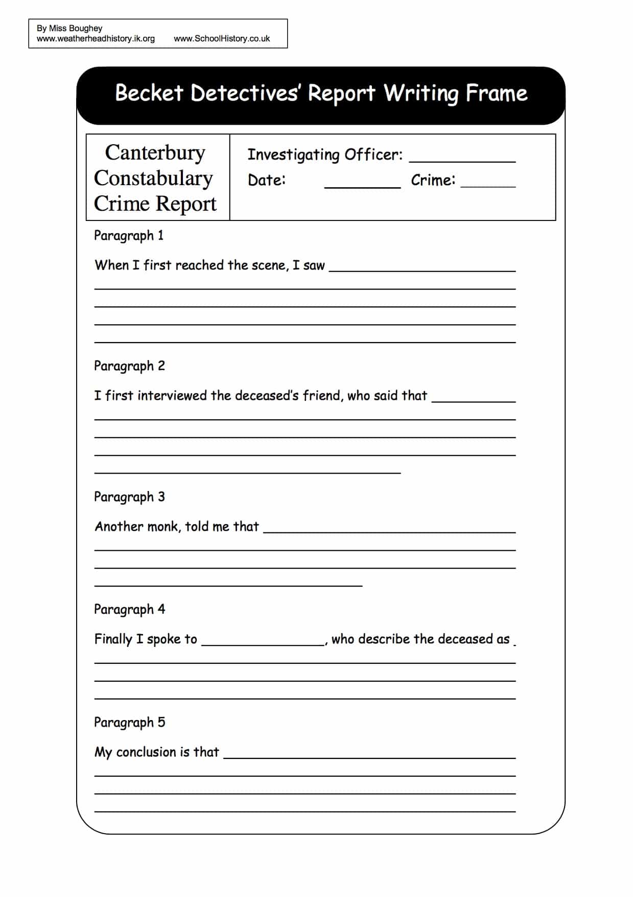 Becket Detectives Report Writing Frame  History Resources Inside Report Writing Template Ks1