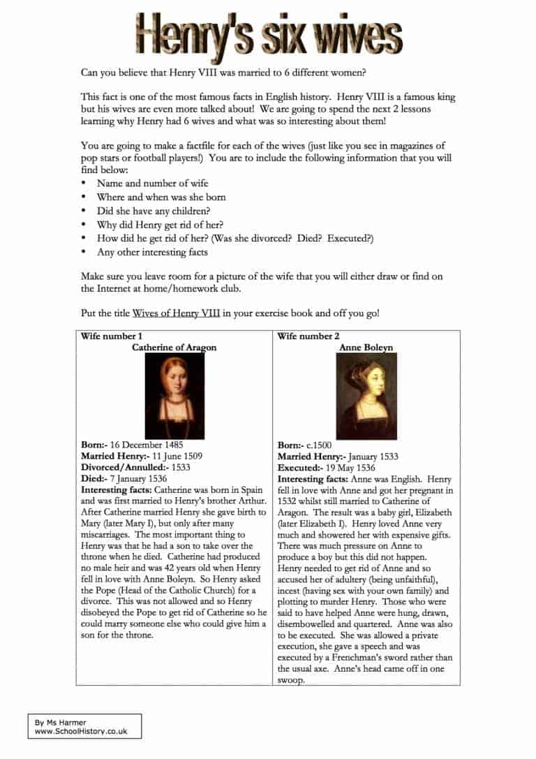 The Six Wives of Henry VIII Worksheet | Year 8 Task