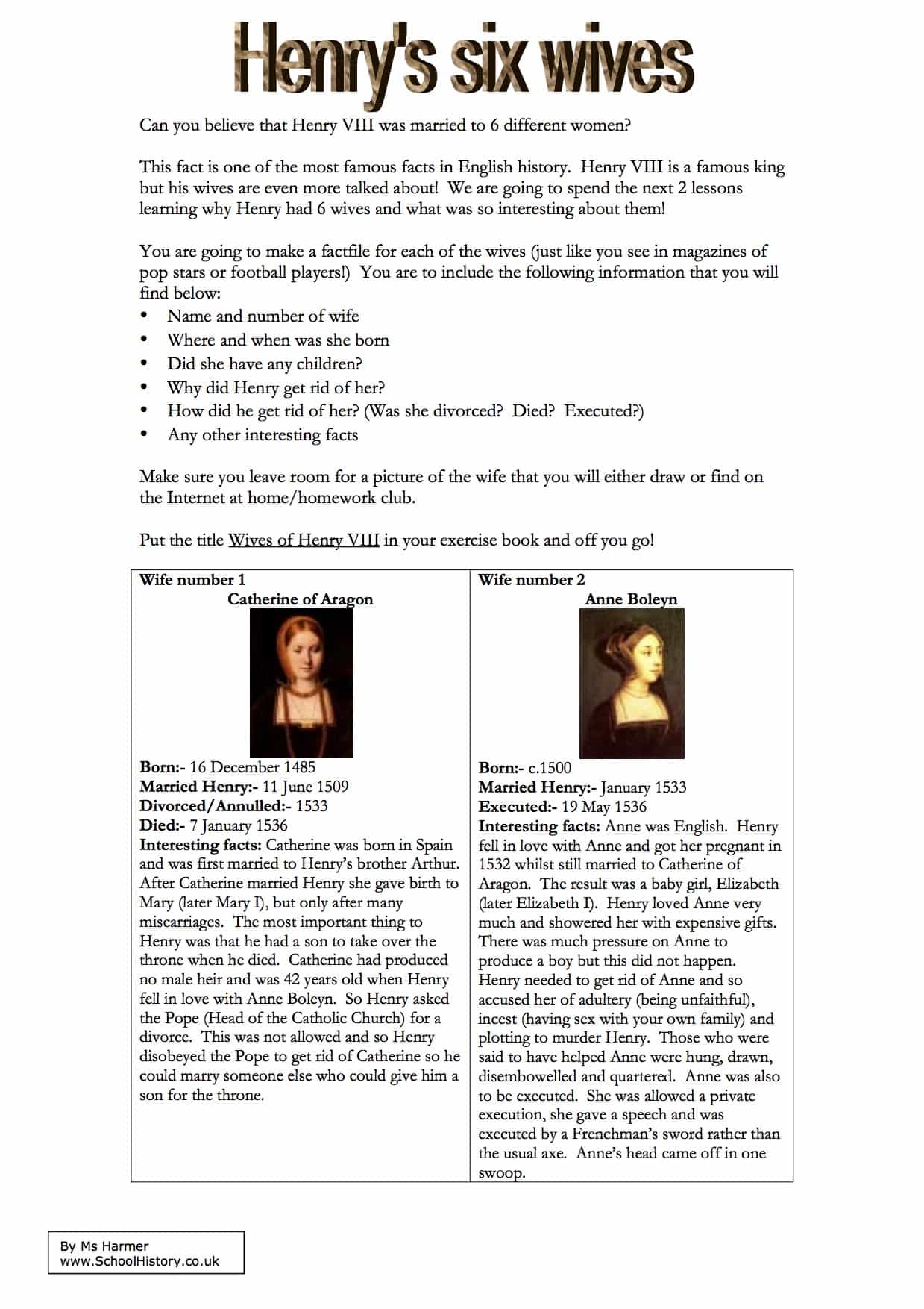The Six Wives Of Henry Viii Worksheet Year 8 Task
