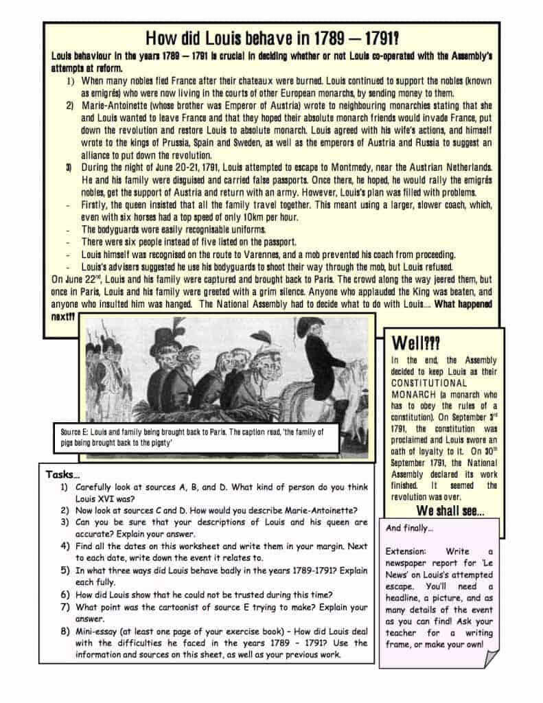 King Louis XVI and the Revolution Facts & Information Worksheet