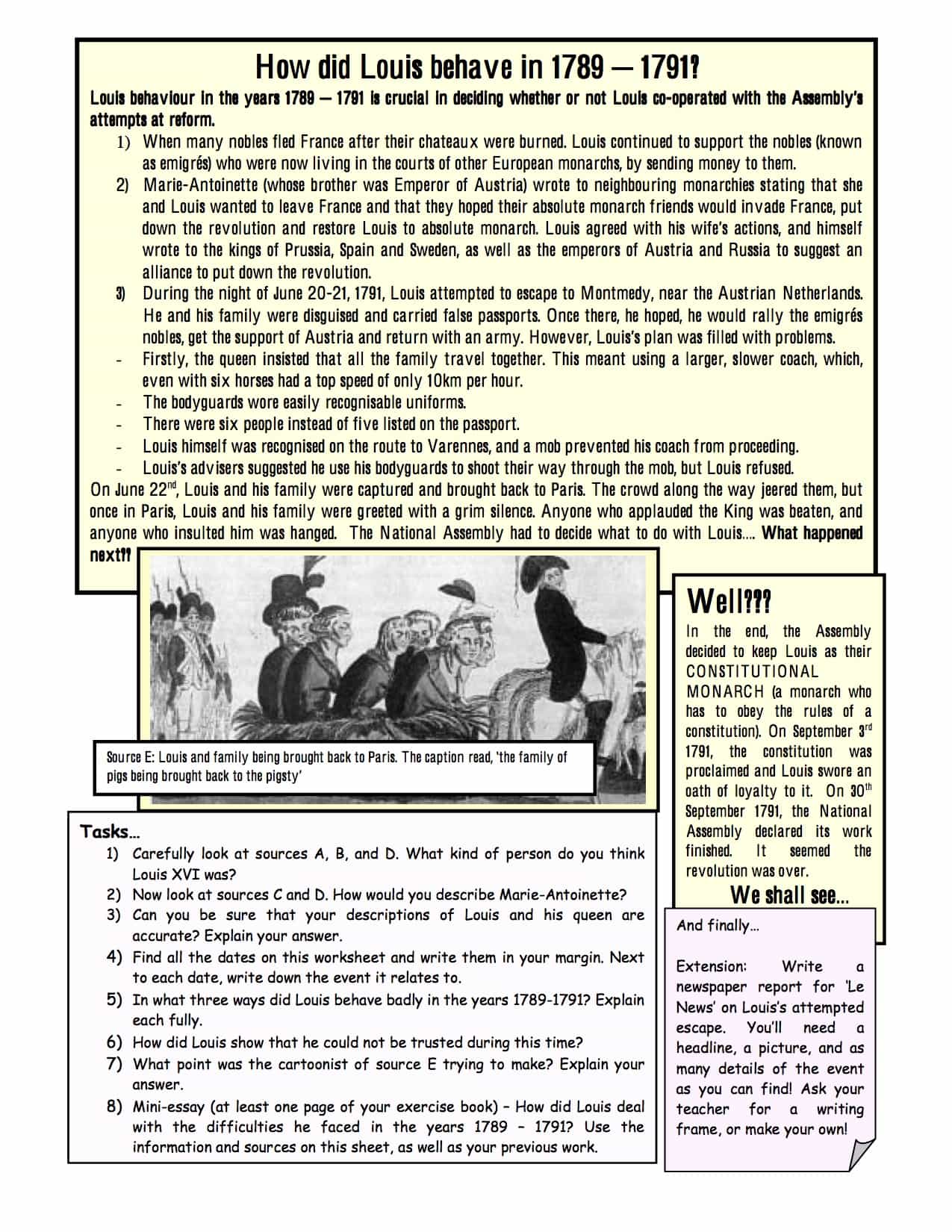 King Louis XVI and the Revolution Facts & Information Worksheet