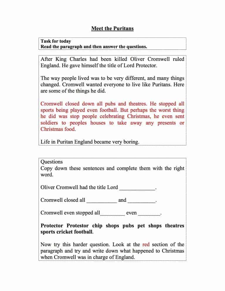 Meet the Puritans Worksheet | Year 8 Study Guide