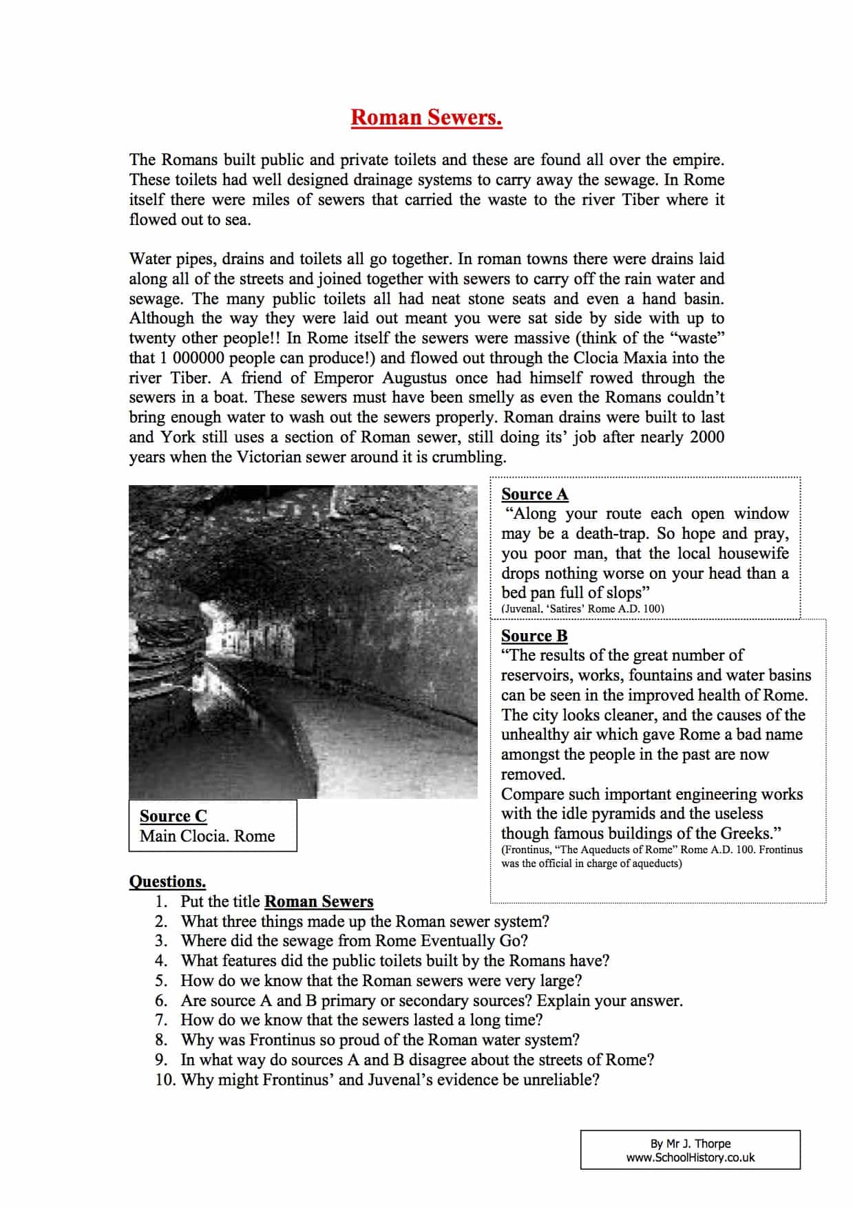 Roman Sewers Facts & Information | Year 7 Study Worksheet