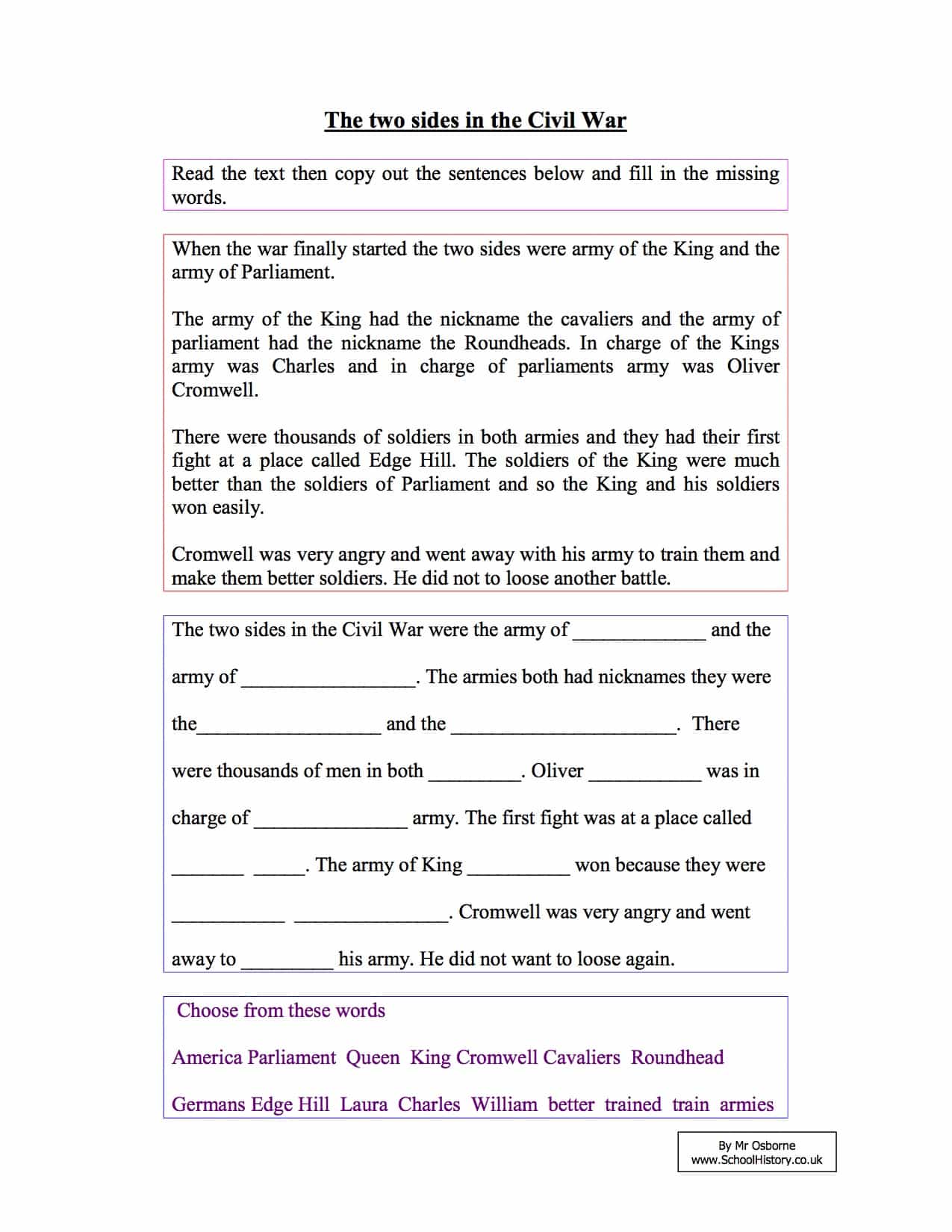 The Two Sides in the English Civil War  Year 11 Worksheet In Civil War Worksheet Pdf
