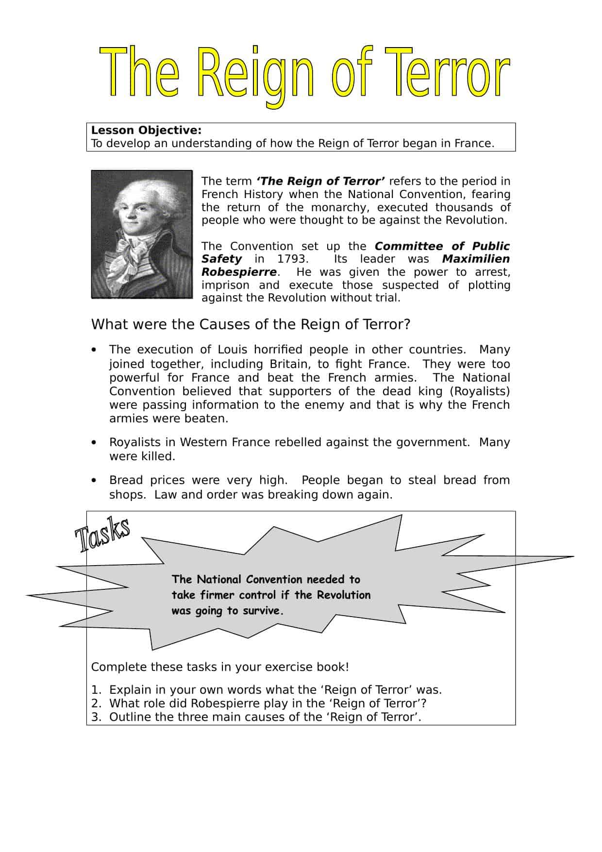 Causes Of The Reign Of Terror Worksheet