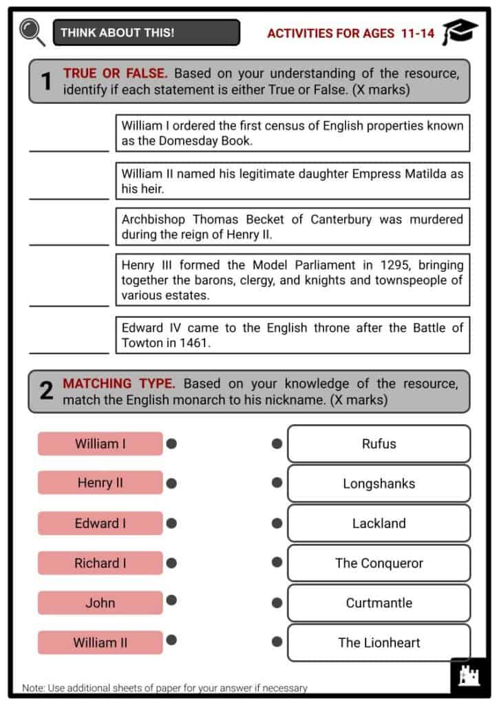Medieval English monarchs Student Activities and Answer Guide 1