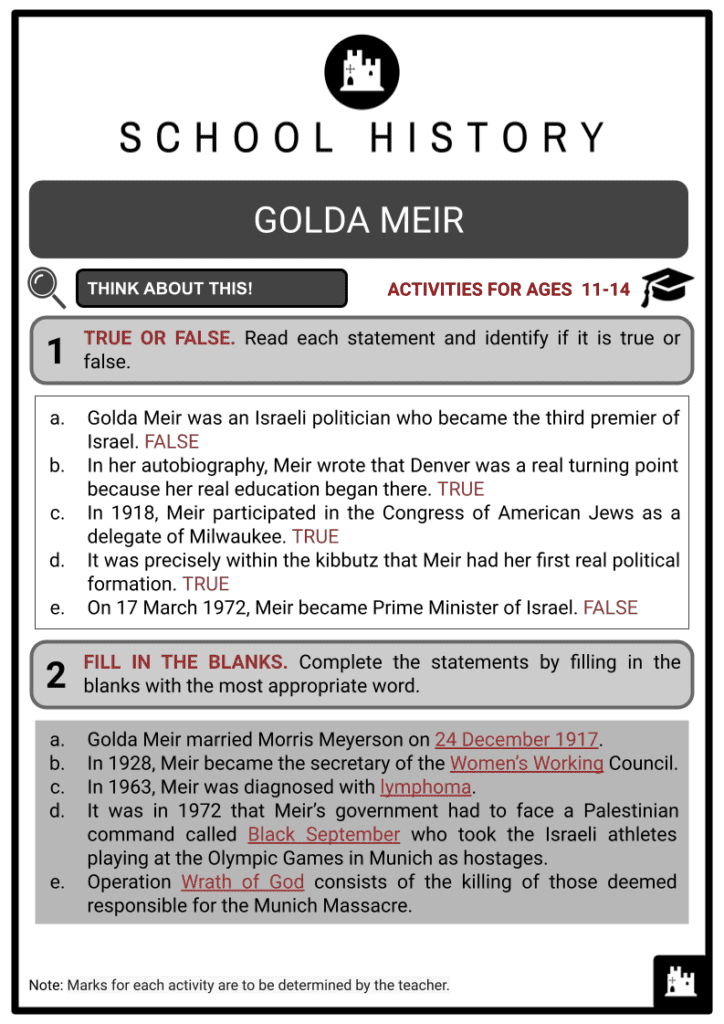 Golda Meir Activites & Answer Guide 2