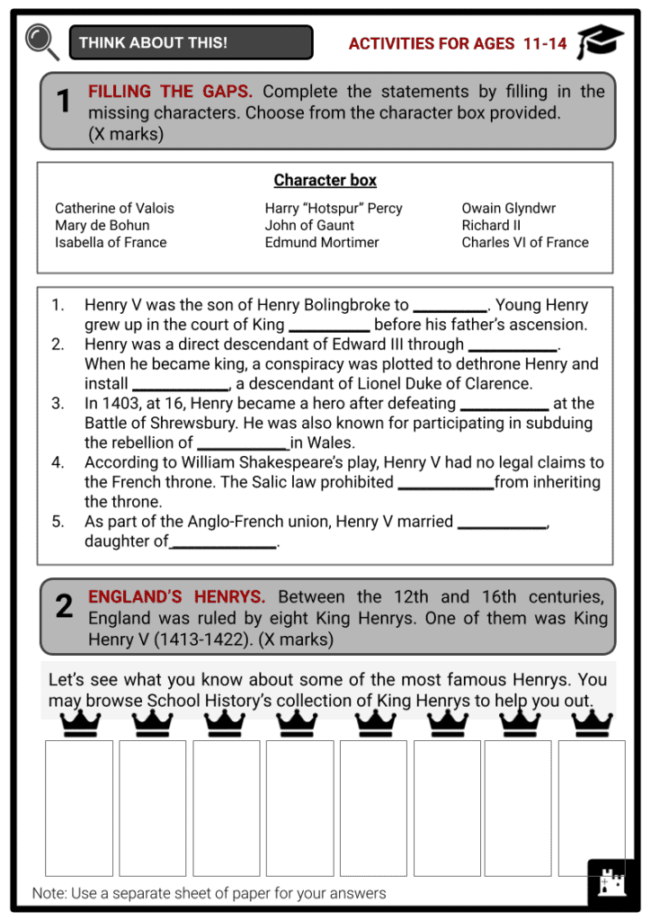 Henry V of England Activities & Answer Guide 1