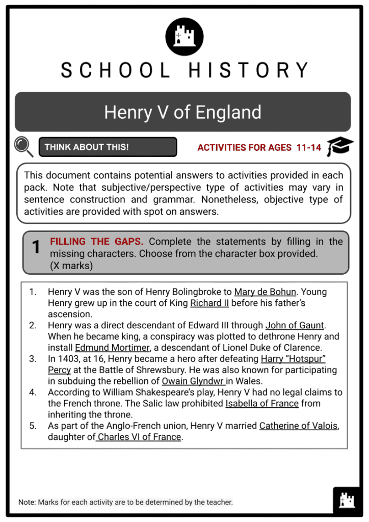 Henry V of England Activities & Answer Guide 2