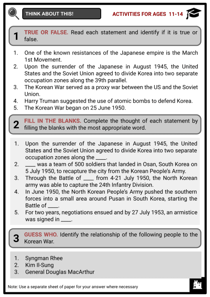 Korean War 1950-1953 Activities & Answer Guide 1