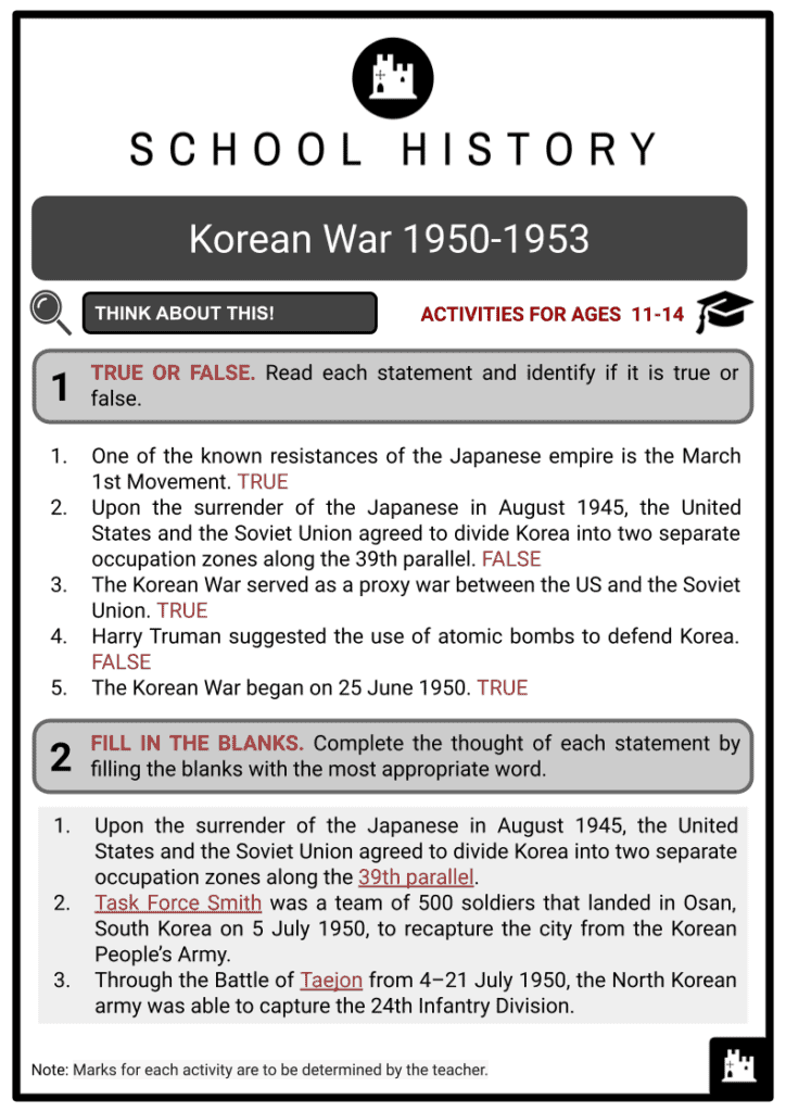 Korean War 1950-1953 Activities & Answer Guide 2
