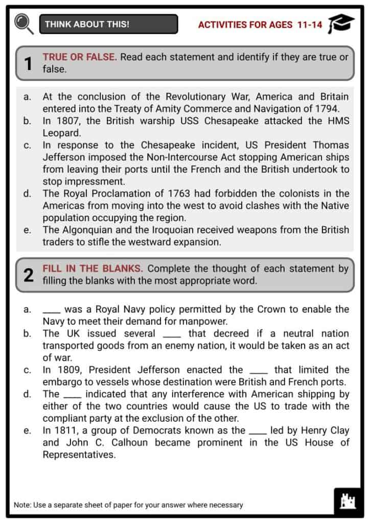 Background to the War of 1812 Activities & Answer Guide 1