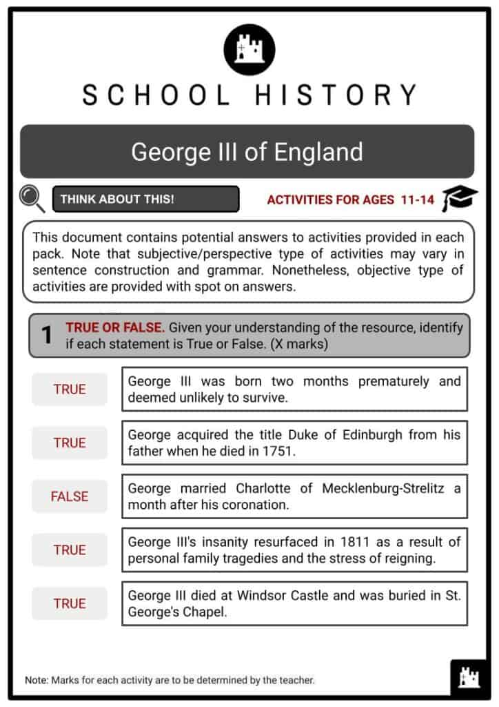 George III of England Activities & Answer Guide 2
