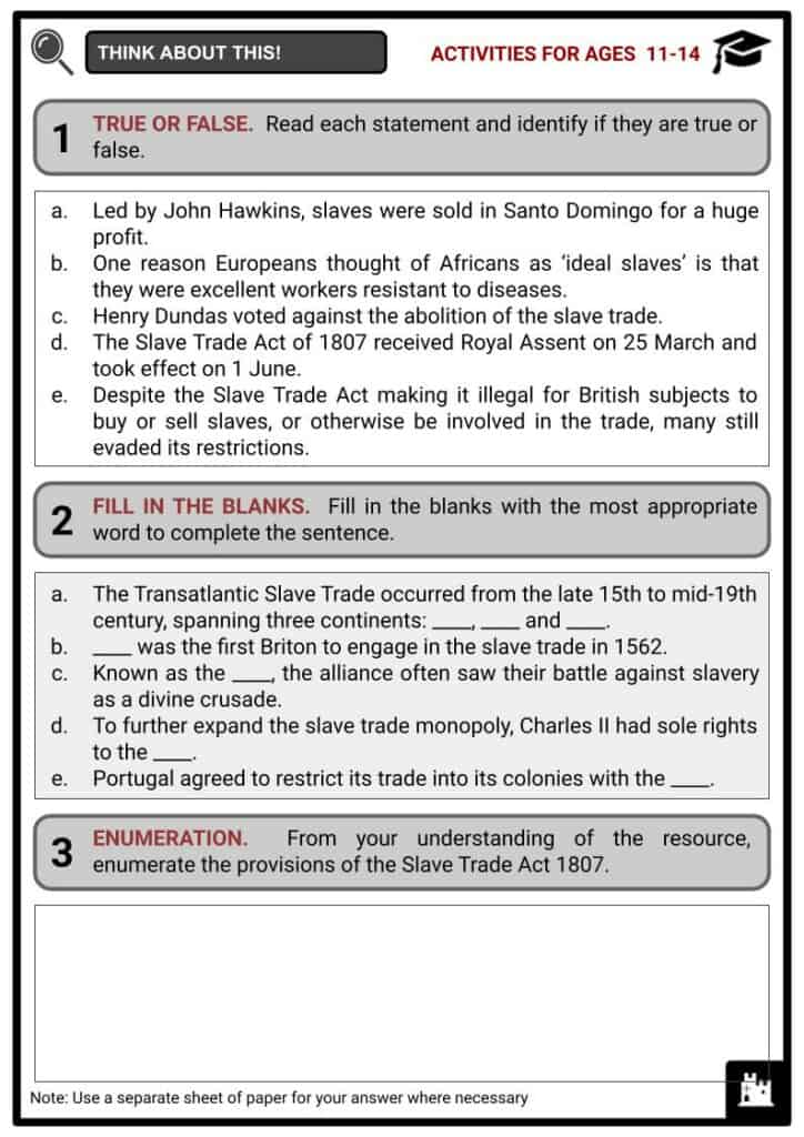 Slave Trade Act 1807 Activities & Answer Guide 1
