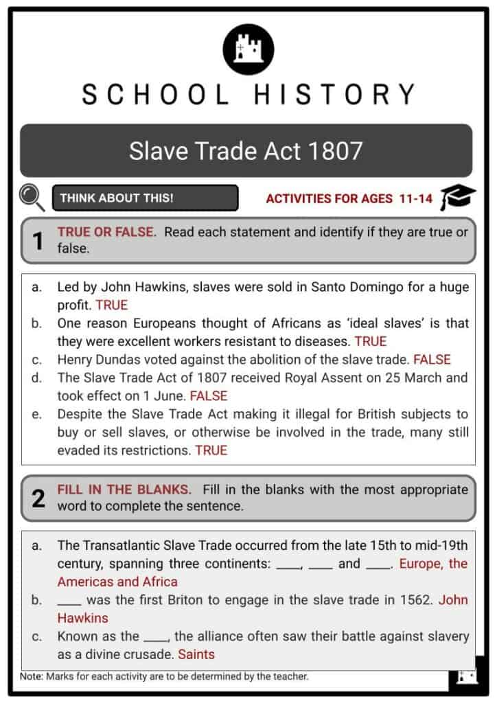 Slave Trade Act 1807 Activities & Answer Guide 2