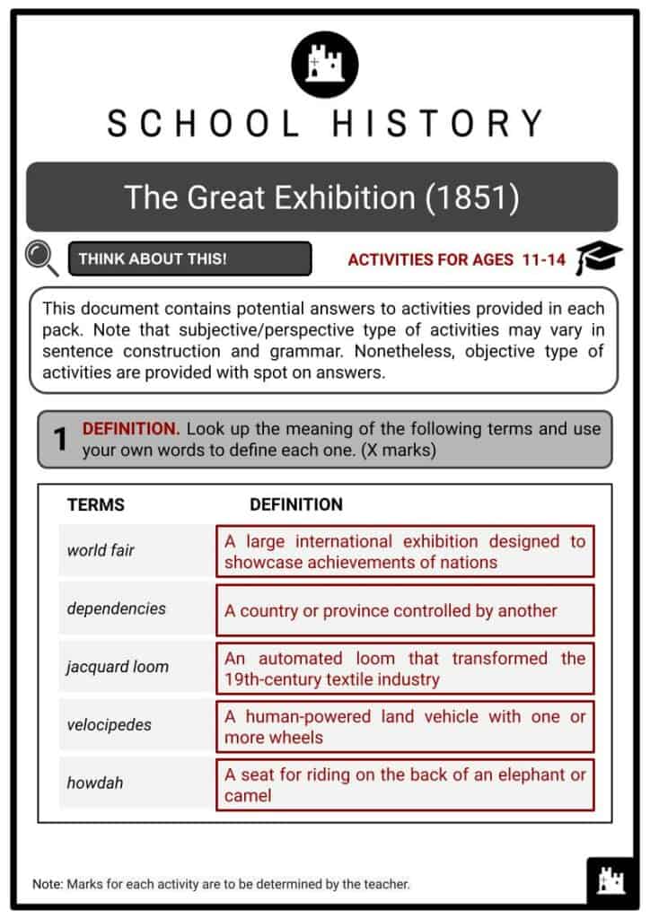 The Great Exhibition (1851) Activities & Answer Guide 2