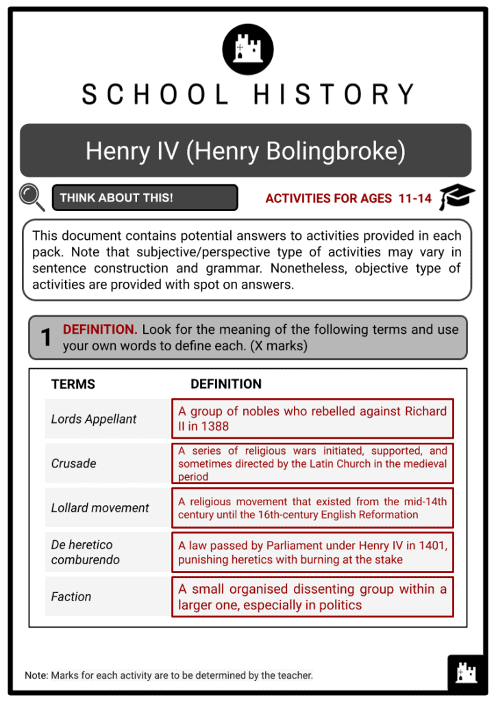 Henry IV (Henry Bolingbroke) Activities & Answer Guide 2