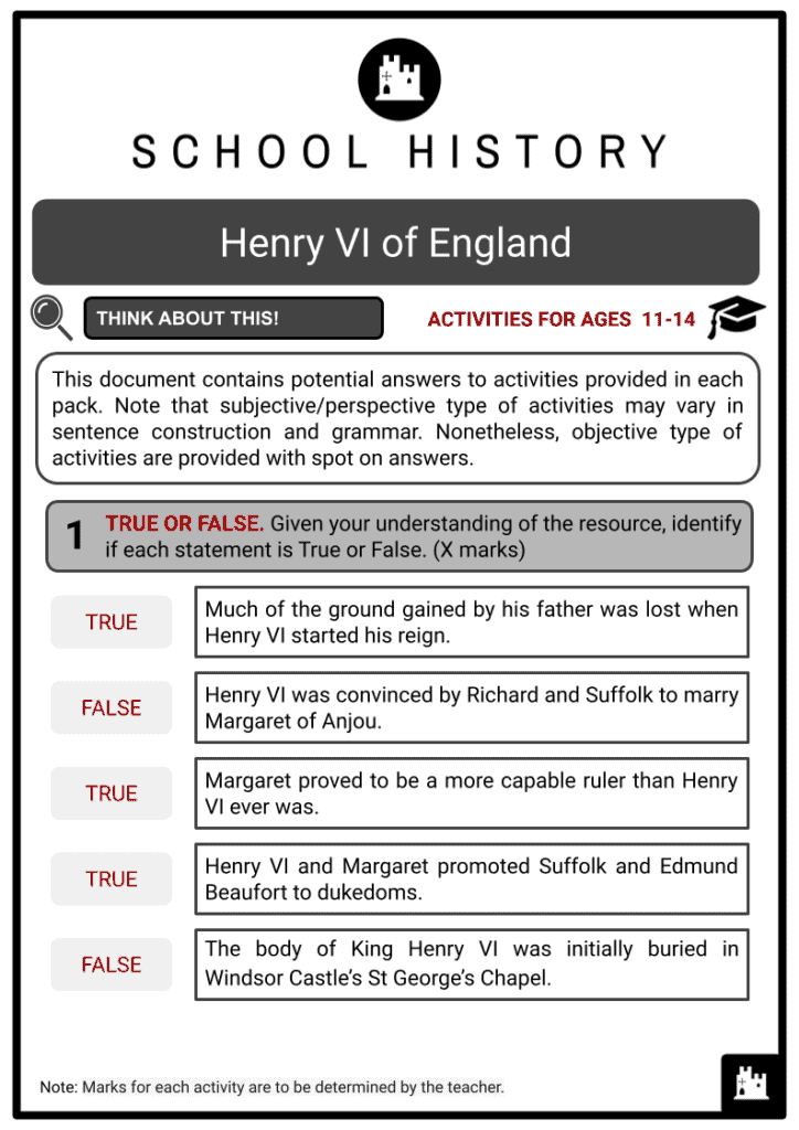 Henry VI of England Activities & Answer Guide 2
