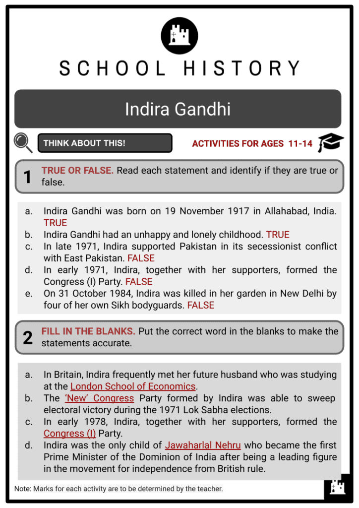 Indira Gandhi Activities & Answer Guide 2