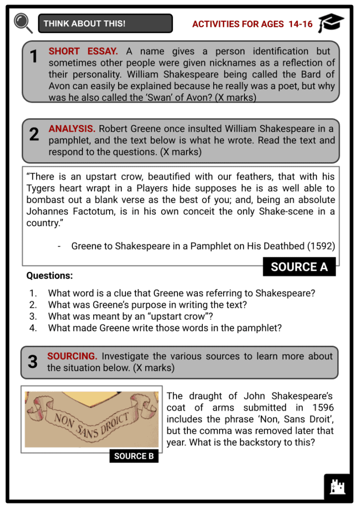 William Shakespeare Activities & Answer Guide 3