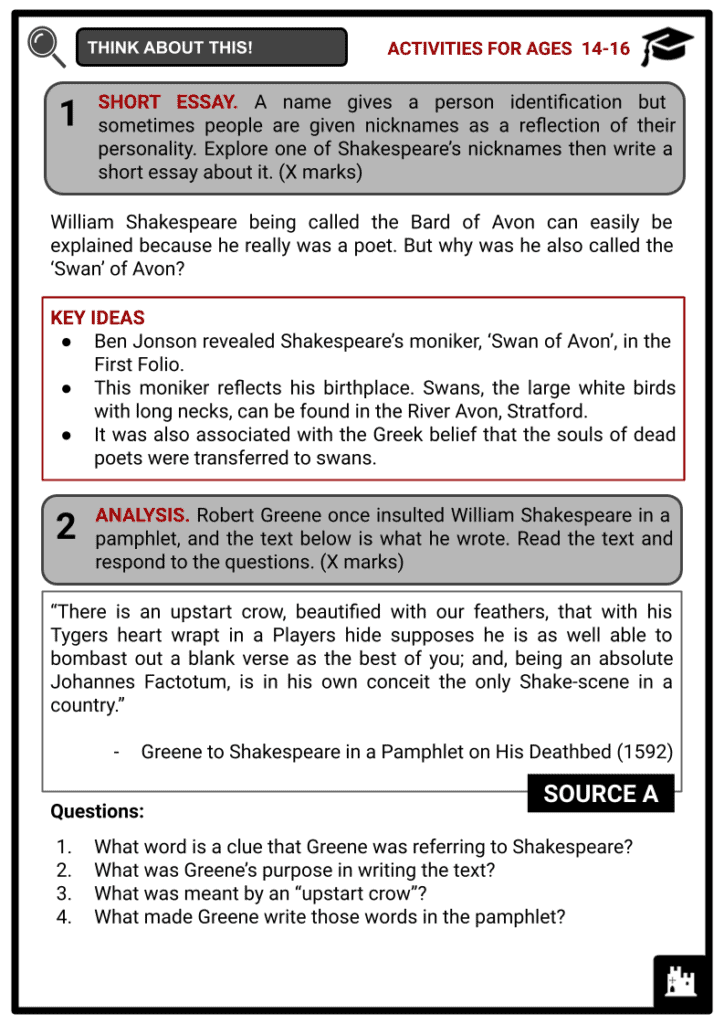 William Shakespeare Activities & Answer Guide 4