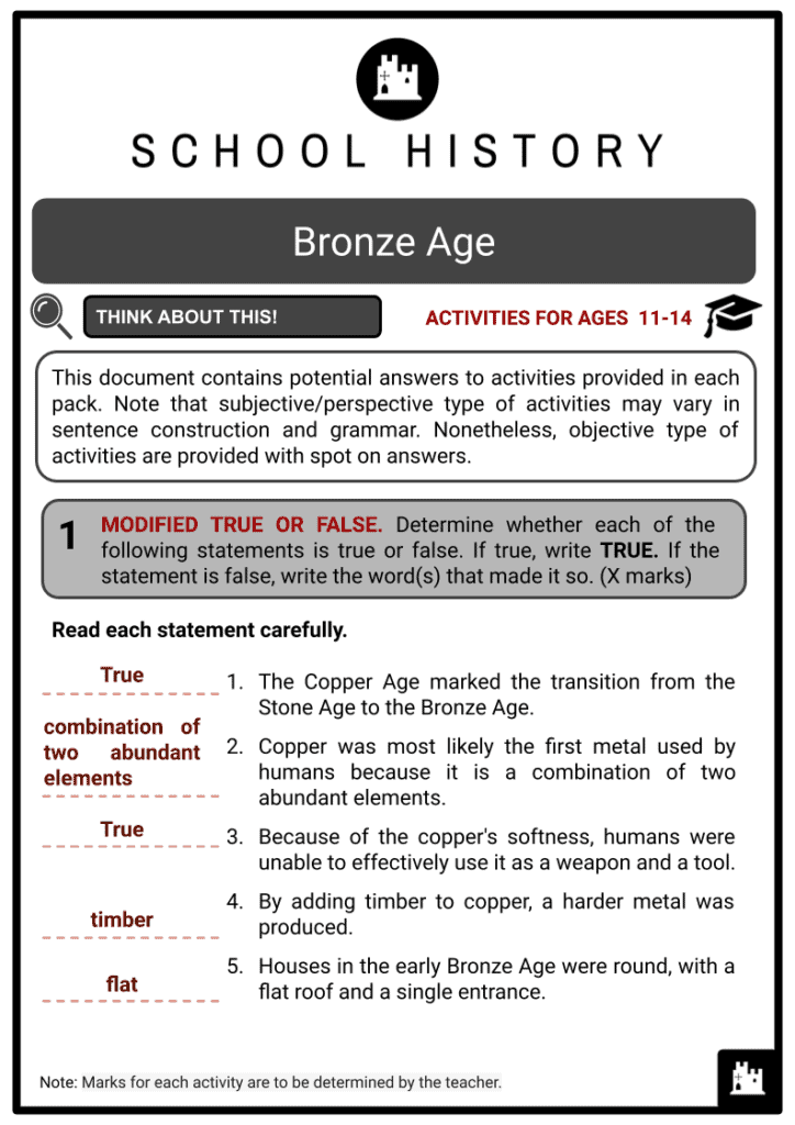 Bronze Age Activities & Answer Guides 2