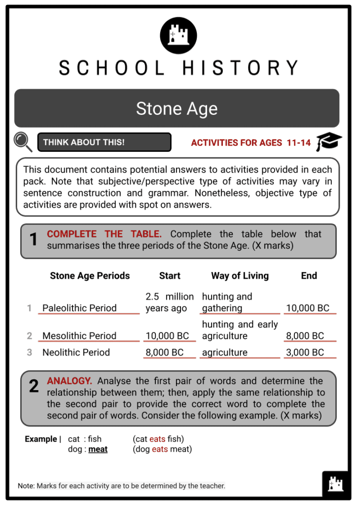 Stone Age Activities and Answer Guide 2