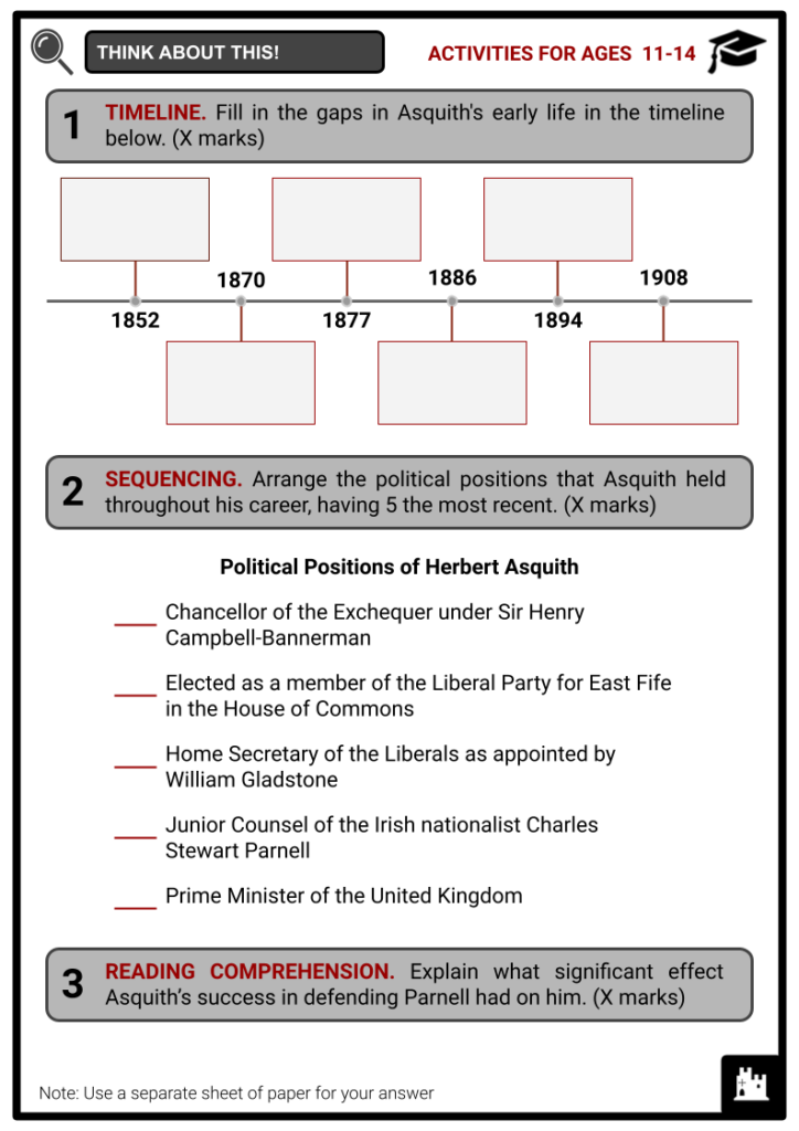 Herbert Asquith Activity & Answer Guide 1