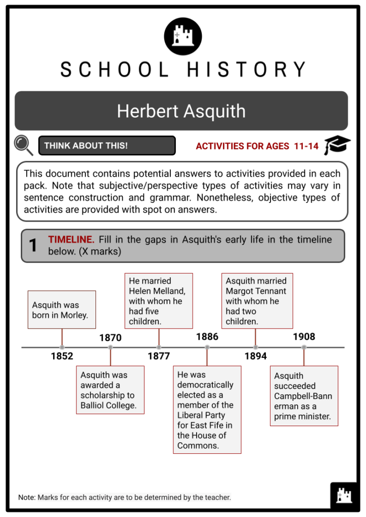 Herbert Asquith Activity & Answer Guide 2