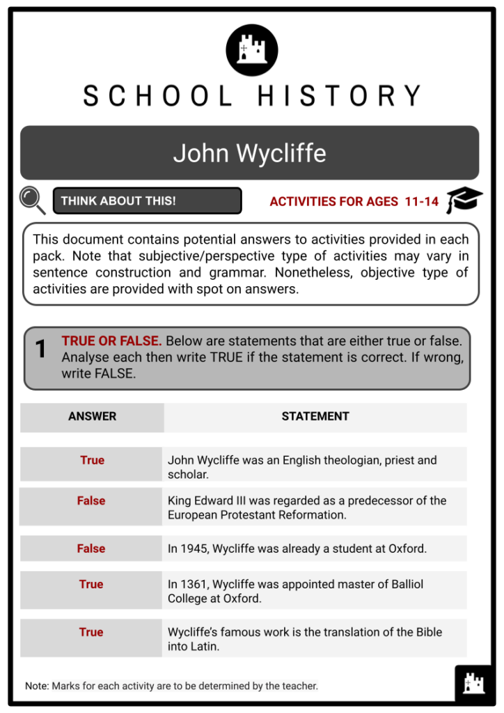 John Wycliffe Activity & Answer Guide 2