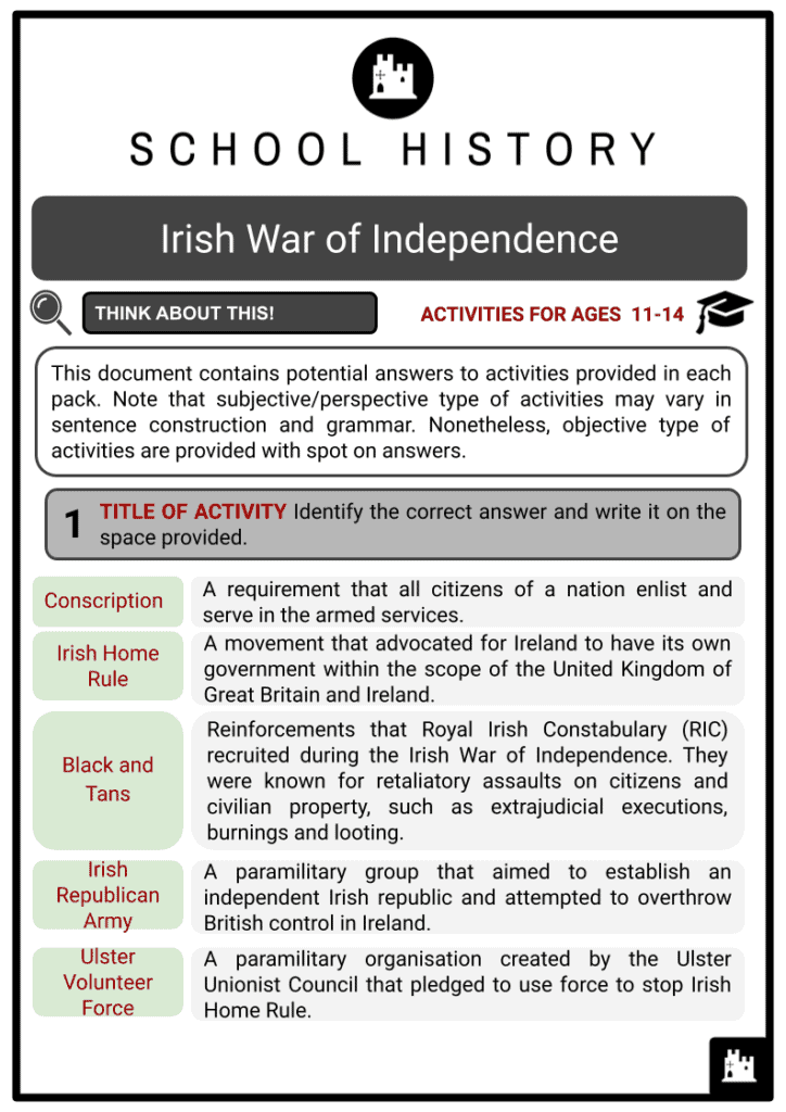 Irish War of Independence Activity & Answer Guide 2