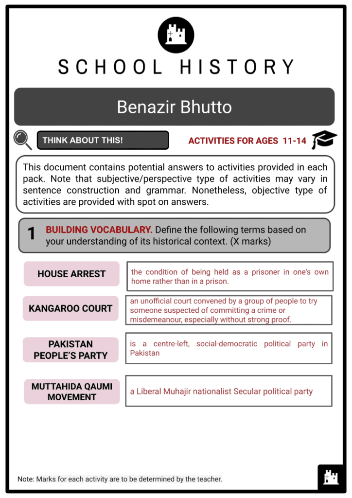 Benazir Bhutto Activity & Answer Guide 2
