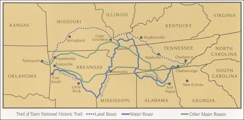 Map of routes of the Trail of Tears — a forced relocation march of Indigenous peoples in the 1830s