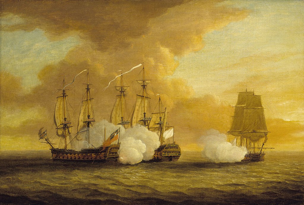 Dominic Serres's artwork depicting the action between the HMS Lion, Elizabeth, and the Du Teillay on 9 July 1745.