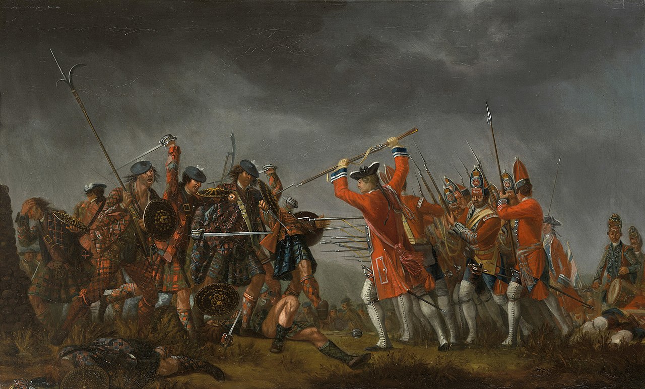 This painting portrays a scene from the Battle of Culloden in 1746 showing a group of Jacobite Army soldiers charging at the government soldiers.