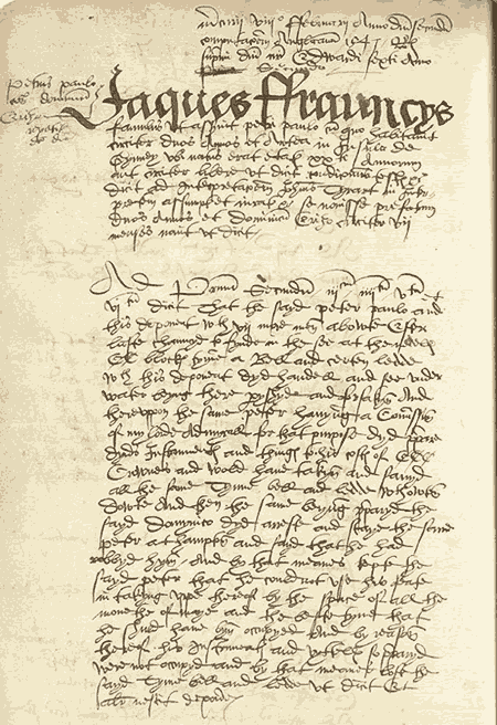 First page of Jacques Francis’ testimony before the High Court of Admiralty, February 1548