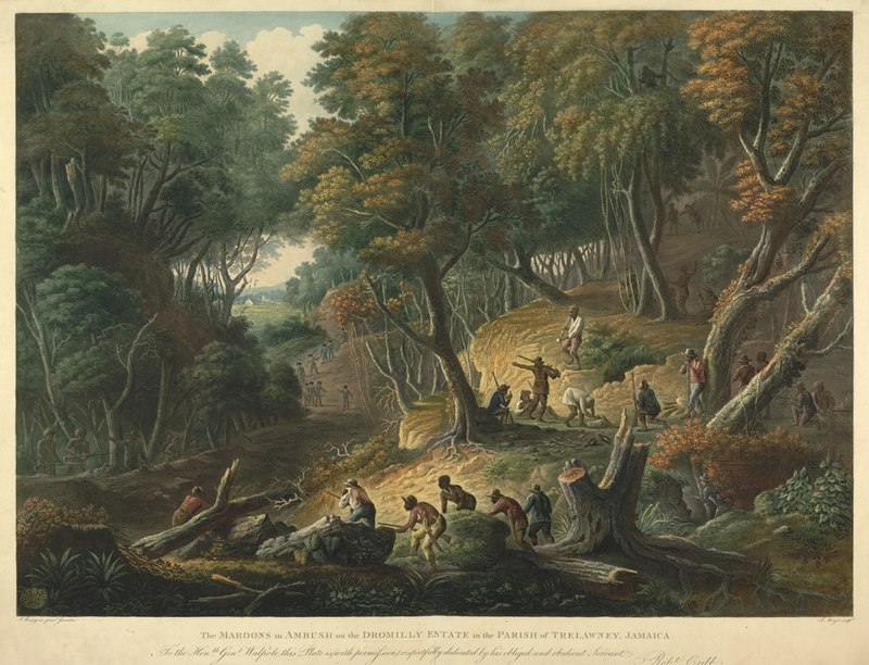 An 1801 depiction of a Maroon raid during the Second Maroon War
