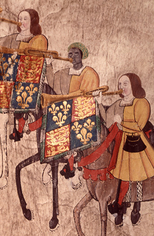 Extract from the 1511 Westminster Tournament Roll depicting a Black royal trumpeter