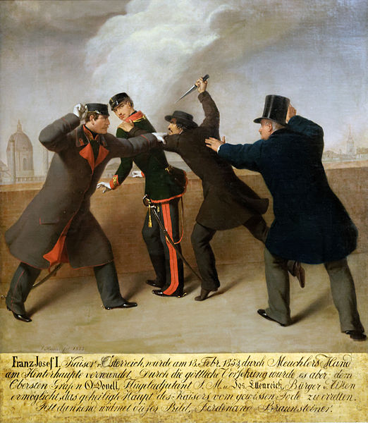 A depiction of the assassination attempt on the emperor dated 1853.