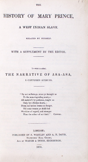 The first edition front page of The History of Mary Prince
