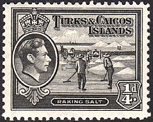 A depiction of salt raking on the island, as shown on a 1938 postage stamp