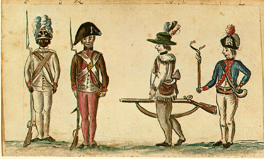  Portrait depicting the soldiers of the Continental Army.  (Left to right) A Black private of the Rhode Island Regiment, a white private of an unidentified infantry regiment, a rifleman and an artilleryman.