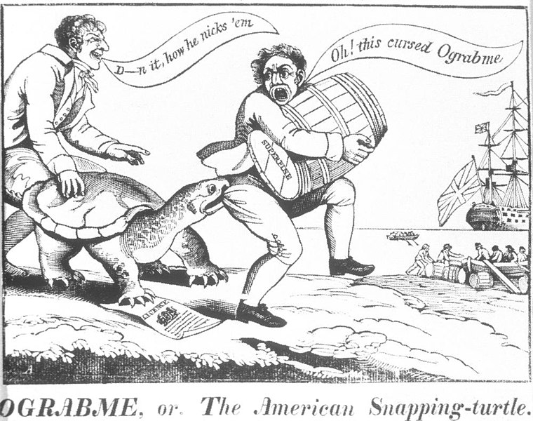 Political cartoon pertaining to the trade restriction policy implemented under the presidency of Thomas Jefferson.