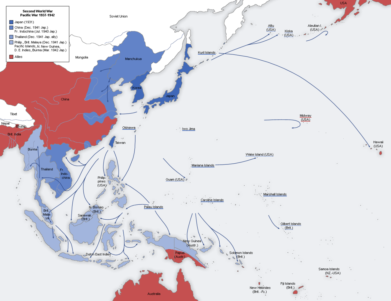 Map of Japanese conquests from 1937 to 1942
