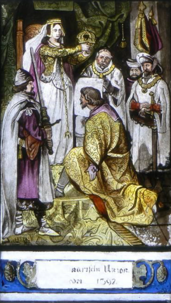 An allegory for the formation of the Kalmar Union: Queen Margaret crowning Eric of Pomerania king of Norway, as portrayed in a stained-glass window at Pena Palace in Portugal.