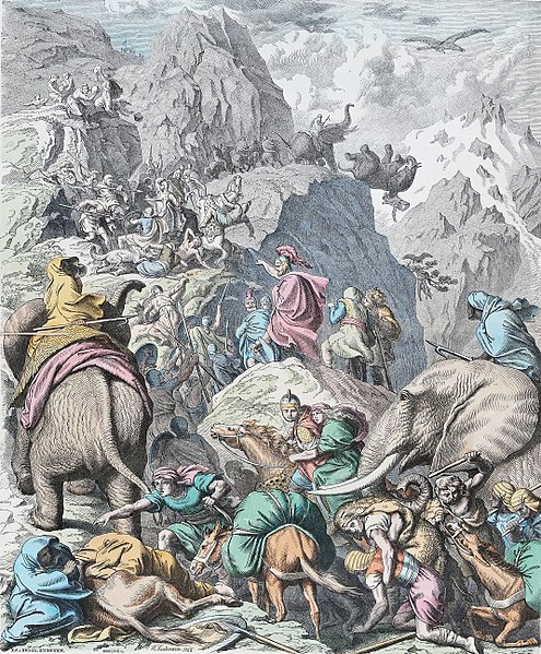 An 1886 painting by Heinrich Leutemann depicting Hannibal Barca and his army crossing the Alps.