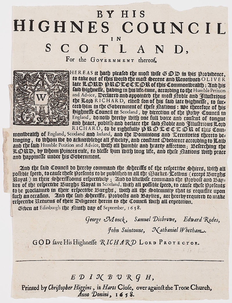 Proclamation announcing the succession of Richard Cromwell as Lord Protector